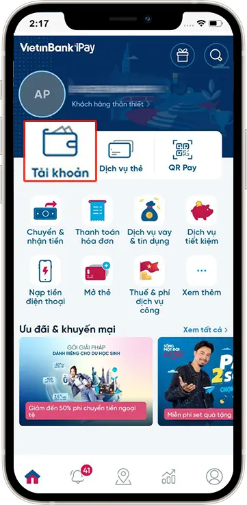 Bước 1 : Tại giao diện chính >> Chọn mục Tài Khoản